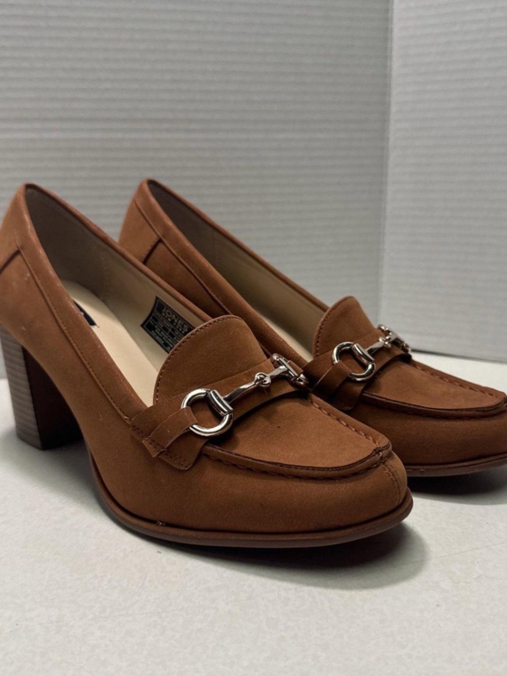 Jones New York Tan Brown Suede Heeled Loafers with Silver Bit